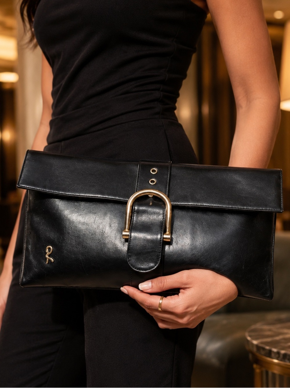 Roberta di Camerino Black Leather Belted Clutch Bag Vintage
